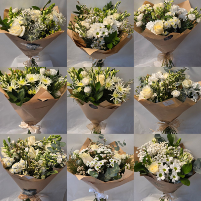 The neutral bouquet - A selection of neutral shades i.e white, ivory, cream, green flowers with foliage flowers may vary but please state if there are any varieties you would prefer not to be used. Flowers are tied in place and then wrapped in eco friendly wrapping. Three main price points have been added but you can spend between those price

Mother's Day deliveries, you can choose from Wednesday,Thursday, Friday, Saturday or Sunday we would prefer more local on the Sunday so we can get round them quicker it may be best to choose an alternative day to the Sunday if the recipient is likely to go to out ie to Church/Chapel or lunch we advise opting for alternative day to Sunday as we are unable to promise timesor guarantee am or pm we will try to keep website open but when it gets closer we sometimes have to shut it down to keep an eye on stock levels on some items this maybe temporary measure please be understanding that this is our busiest time of the year, you can alternatively if you live locally order click and collect Thursday and Friday by 5.30pm Saturday please collect by 12noon, Sunday by 12 noon, n.b we may have to substitute some items but will try to use similar