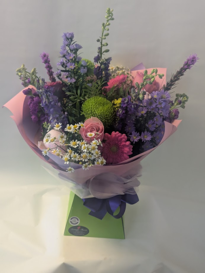 pretty summer flower aqua - florist choice aqua bouquet of pretty summery, flower delivery, click and collect, peony, roses, pink, lilac, blooms, llanelli, carmarthenshire, ammanford, llandeilo