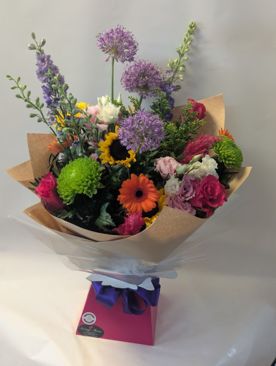 vibrant summer flower aqua bouquet - vibrant summery flowers aqua bouquet, lime, cerise, orange, purple, yellow,  sunflowers gerbera, aliums, delphinium larkspur, lime blooms, roses  delivery click and collect