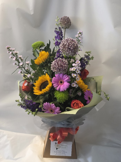 vibrant summer flower aqua bouquet - vibrant summery flowers aqua bouquet, lime, cerise, orange, purple, yellow,  sunflowers gerbera, aliums, delphinium larkspur, lime blooms, roses  delivery click and collect