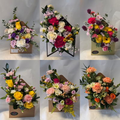A little note to say - lovely cute arrangement to send your best wishes whether it be just to say hi, brighten their day, get well, Birthday wishes or even to say thank you,
this is a florist choice item which means we will choose the flower content and colours, pic is an example it should be fairly similar but our stock changes daily to keep it fresh so may vary