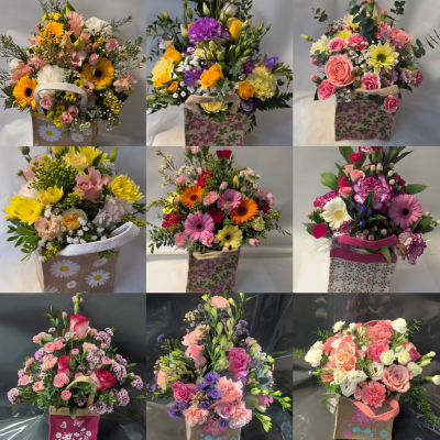 sweet gift bag arrangement - sweet, pretty little gift bag arrangement, florist choice so colours may vary but simiar to pic which is one previosly made