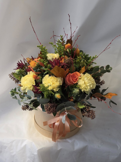 larger autumn hatbox - larger hatbox arrangement with a mix of flowers and rustic foliage
