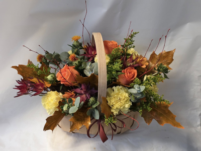 hedgerow autumn basket - charming arrangement in a basket with autumn coloured flowers with a mix of rustic bits and foliage