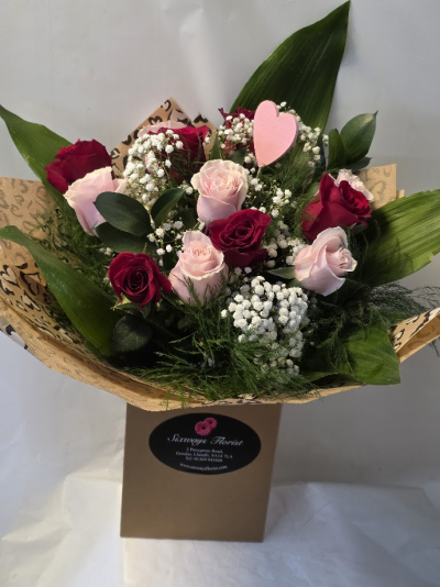 6 red 6 pink roses v26 - 6 red, 6 pink roses with gyp and mixed foliage