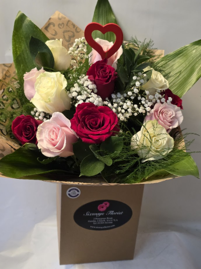 12 mixed roses v26 - red, pink and ivory roses with gyp and mixed foliage