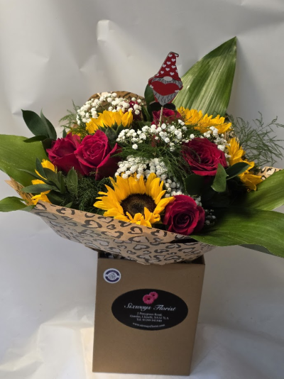 sunflowers and red roses - mix of red roses with sunflowers with gyp and mixed foliage