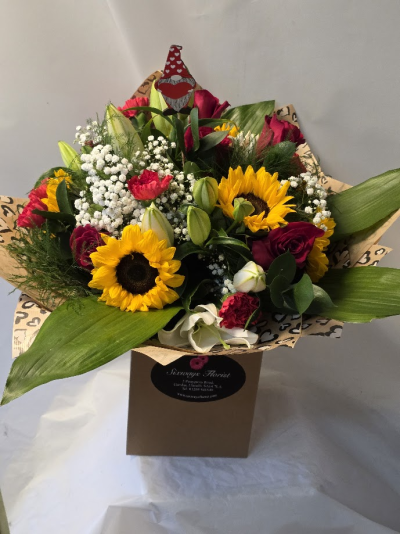 my sunshine - red roses and carnations with lilies and sunflowers, gyp and foliage
