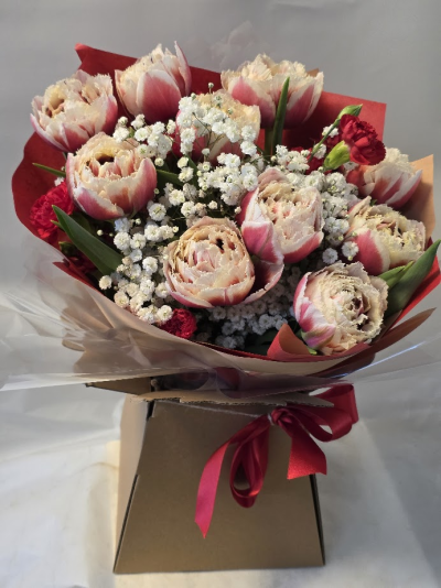 sixways special offer - limited offer.... aqua bouquet with stunning double tulips, gyp and spray carnations, one size only