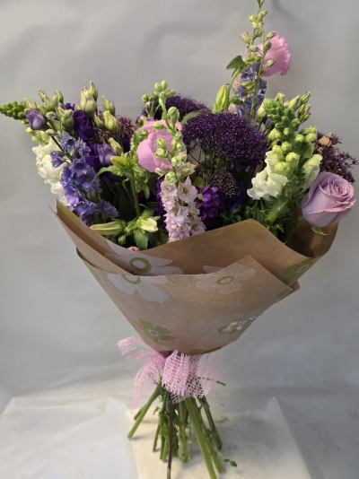pink/purple summery tied blooms - mixed tied blooms with summery feel, pink, purple, white, lilac generally, n.b these will vary to what we have in stock but will be similar