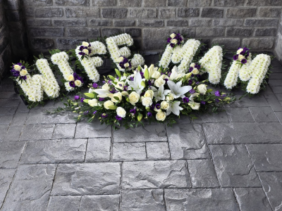 purple and white family set - 1. 4ft spray
any 3 letters
any 4 letters
Or
2. 4ft spray 
any 3 letters
any 5 letters
Or
3. 4ft spray
any 4 letters
any 5 letters