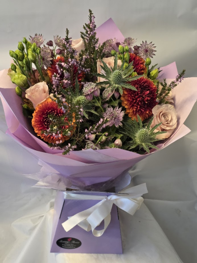 bouquet of the week - this weeks bouquet of the week features quicksand roses, heather, lisianthus, eryngium, astrantia and pompomi germini