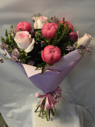 peony and rose bunch - peony and roses with foliage and filler flowers