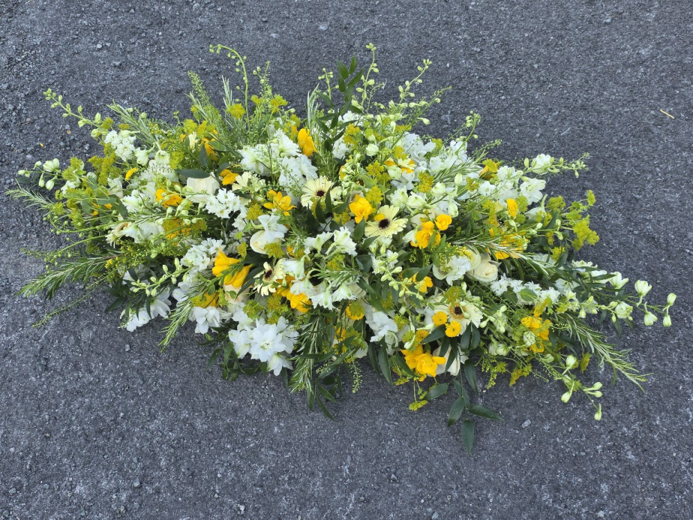 fuller casket spray lemon, yellow, white and green