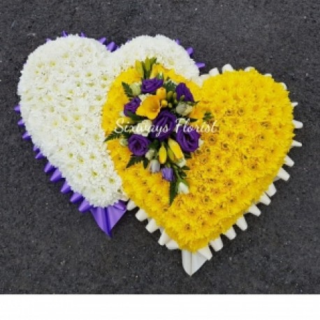 Double heart yellow, white and purple