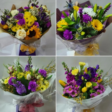 Yellow, purple and white Aqua bouquets